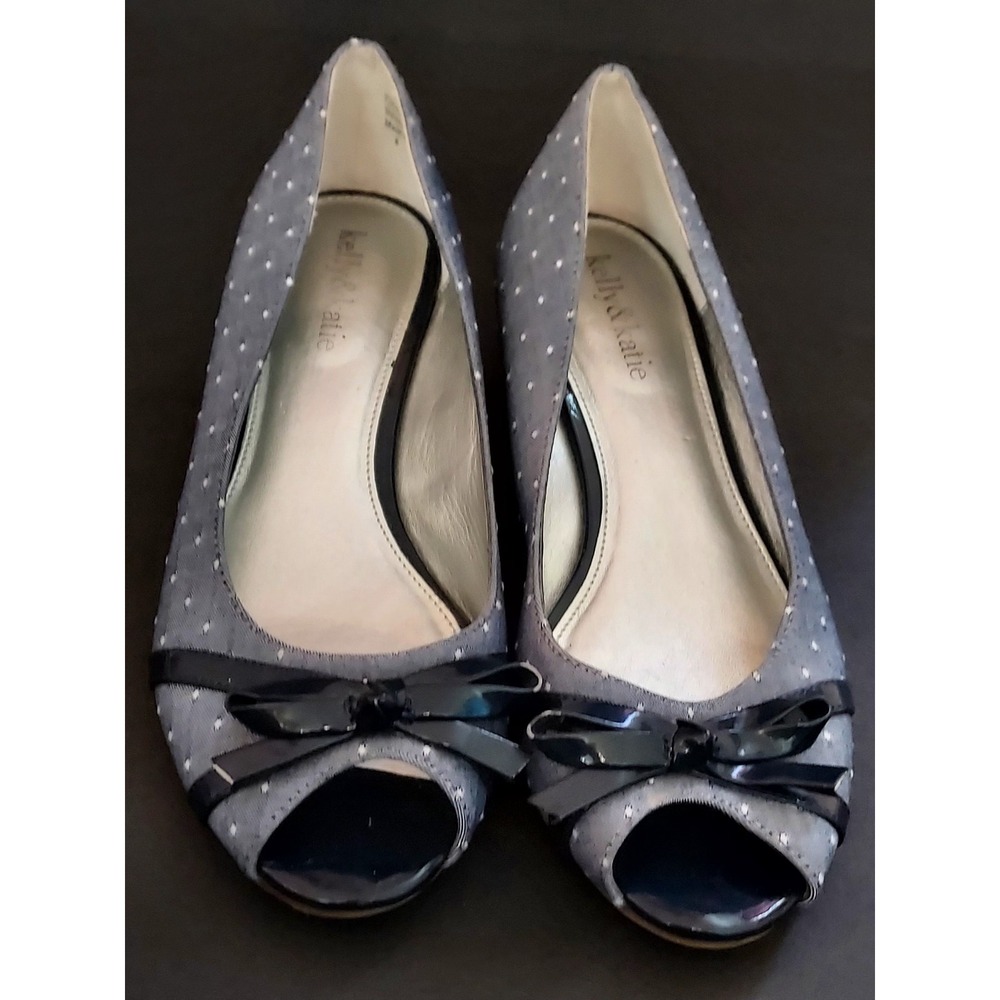 Kelly & Katie cork wedge slip on, peep toe with bow Size 8 denim swiss dot